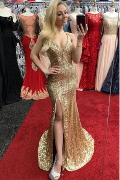 Mermaid Gold Sequins Long Prom Dresses Formal Evening Gowns 6011602
