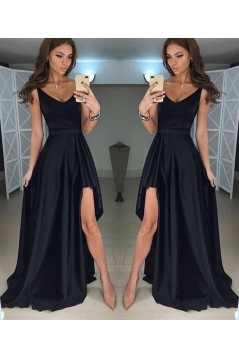 Long Black Asymmetrical V-Neck Prom Dresses Formal Evening Gowns 6011615