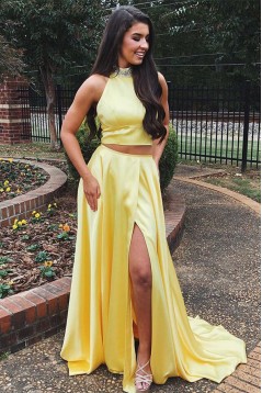 A-Line Beaded Two Pieces Long Yellow Prom Dresses Formal Evening Gowns 6011651