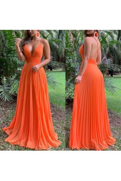 A-Line Spaghetti Straps V-Neck Long Prom Dresses Formal Evening Gowns 601813