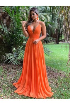A-Line Spaghetti Straps V-Neck Long Prom Dresses Formal Evening Gowns 601813