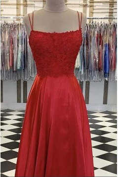 A-Line Spaghetti Straps Lace Long Prom Dresses Formal Evening Gowns 601827