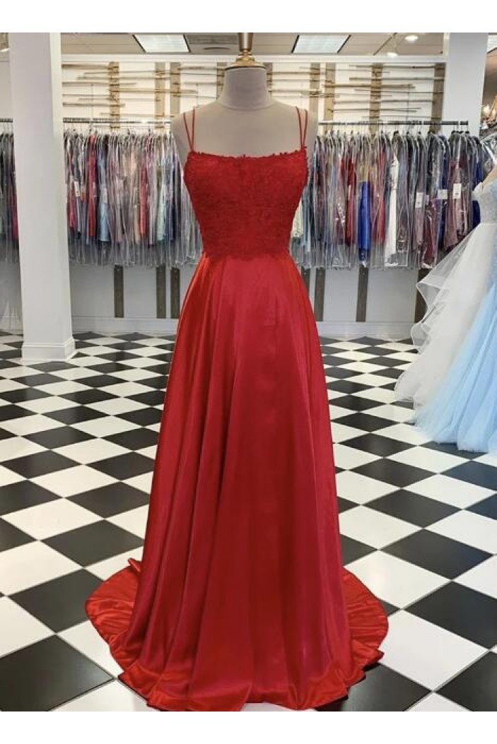 A-Line Spaghetti Straps Lace Long Prom Dresses Formal Evening Gowns 601827