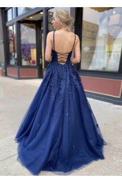 A-Line Spaghetti Straps Lace V-Neck Long Prom Dresses Formal Evening Gowns 601831