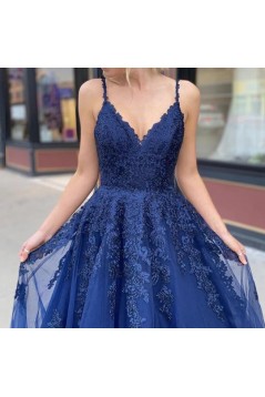 A-Line Spaghetti Straps Lace V-Neck Long Prom Dresses Formal Evening Gowns 601831