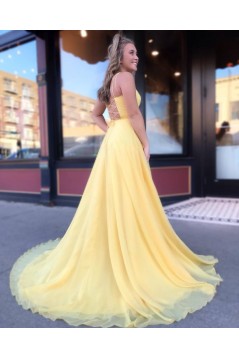 A-Line Spaghetti Straps Long Yellow Prom Dresses Formal Evening Gowns 601833