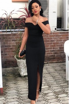 Sheath Black Off-the-Shoulder Prom Dresses Formal Evening Gowns 601834