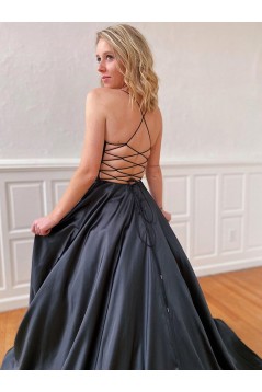 A-Line Spaghetti Straps V-Neck Long Black Prom Dresses Formal Evening Gowns 601852
