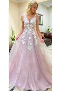 A-Line Sleeveless V-Neck Tulle Long Prom Dresses Formal Evening Gowns 601869