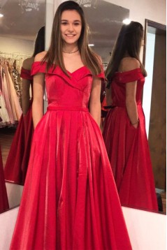 A-Line Off-the-Shoulder Long Prom Dresses Formal Evening Gowns With Pockets 601879