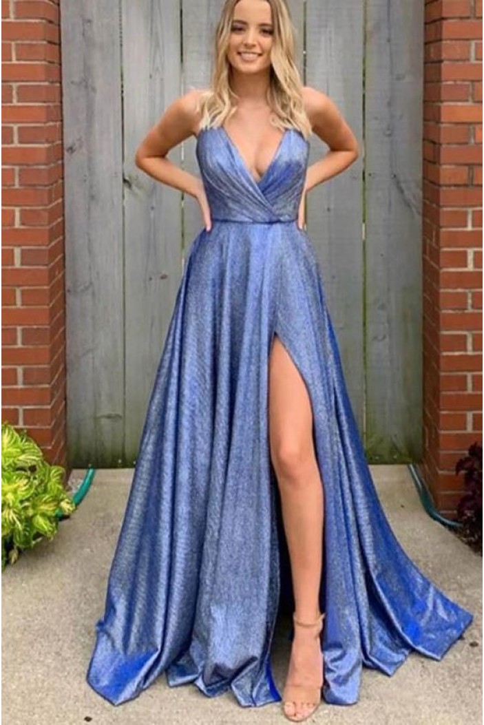 A-Line V-Neck Long Prom Dresses Formal Evening Gowns 601881