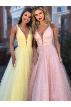 A-Line Tulle V-Neck Long Prom Dresses Formal Evening Gowns 601890