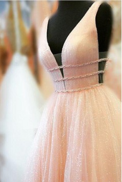 A-Line Tulle V-Neck Long Prom Dresses Formal Evening Gowns 601890