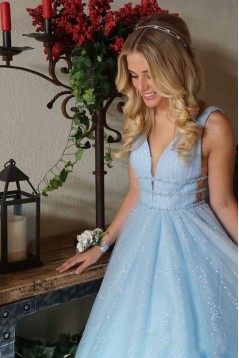 A-Line Tulle V-Neck Long Prom Dresses Formal Evening Gowns 601890