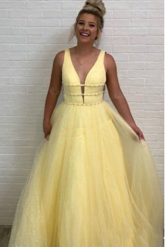A-Line Tulle V-Neck Long Prom Dresses Formal Evening Gowns 601890