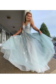 A-Line V-Neck Long Prom Dresses Formal Evening Gowns 601924