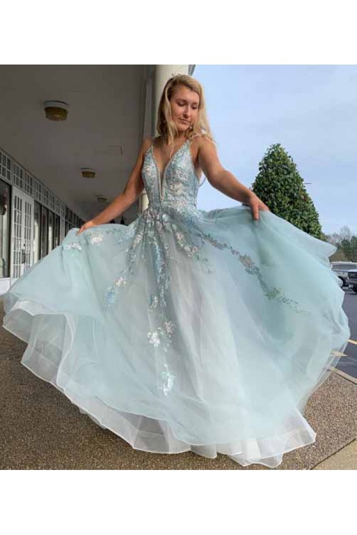 A-Line V-Neck Long Prom Dresses Formal Evening Gowns 601924
