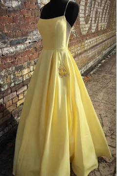 A-Line Spaghetti Straps Satin Long Prom Dresses Formal Evening Gowns 601927