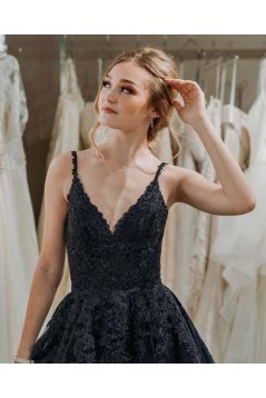 A-Line Spaghetti Straps Long Black Prom Dresses Formal Evening Gowns 601928