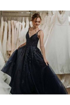 A-Line Spaghetti Straps Long Black Prom Dresses Formal Evening Gowns 601928