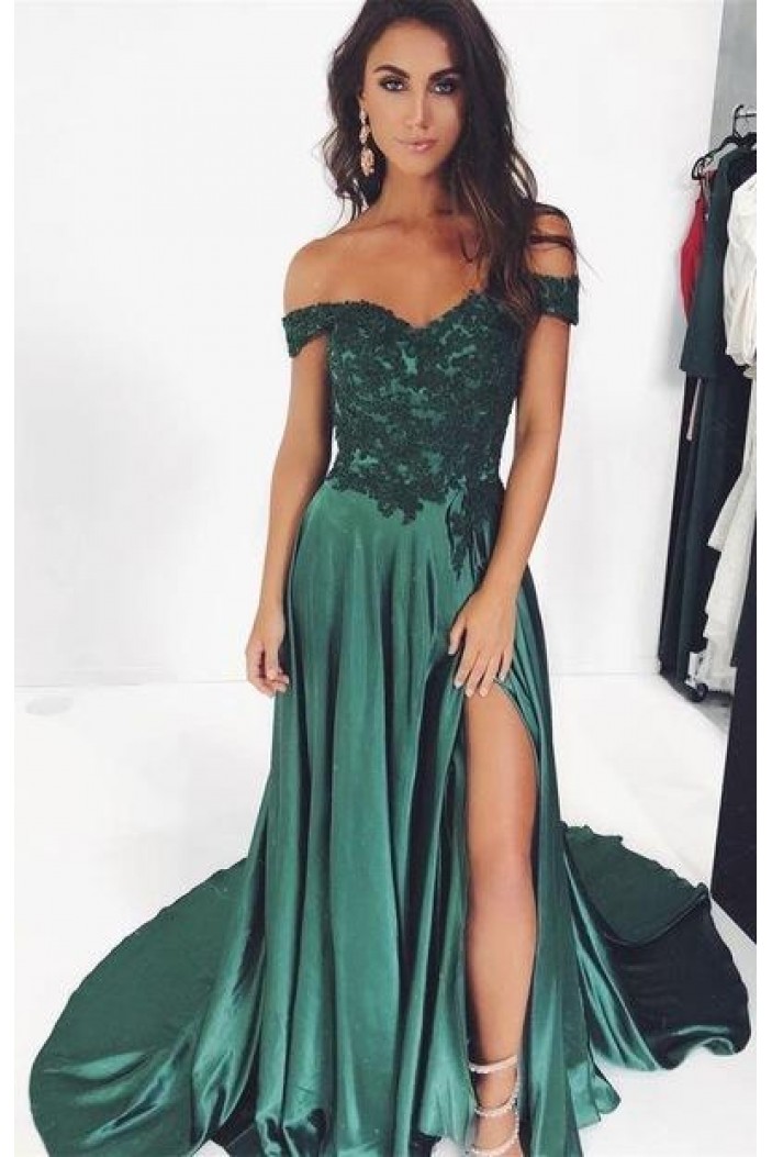 A-Line Lace Off-the-Shoulder Long Prom Dresses Formal Evening Gowns 601936