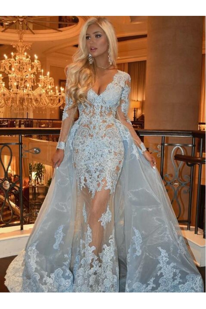 Long Sleeves Lace V-Neck Prom Dresses Formal Evening Gowns 601962