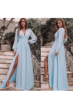 A-Line Chiffon Long Sleeves V-Neck Formal Evening Dresses Party Gowns 601966