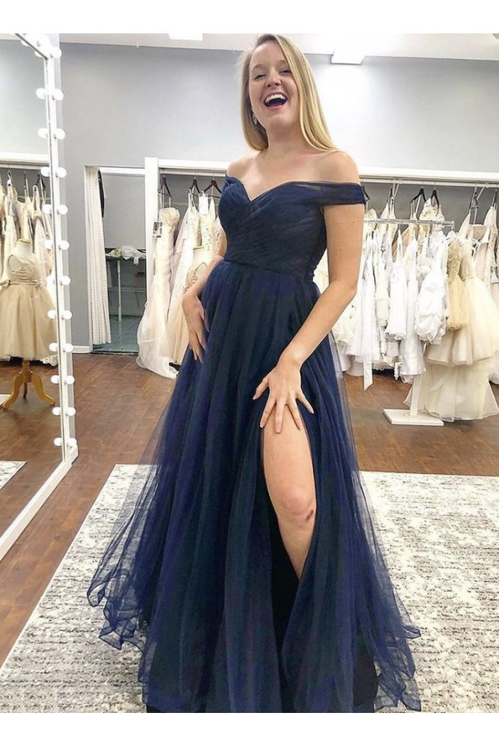 A-Line Off-the-Shoulder Tulle Long Prom Dresses Formal Evening Gowns 601969