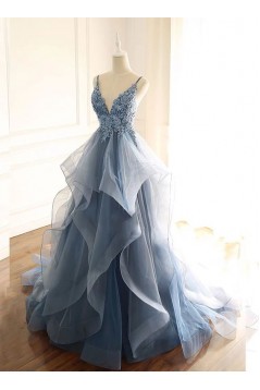 A-Line Tulle Lace Long Prom Dresses Formal Evening Gowns 601972