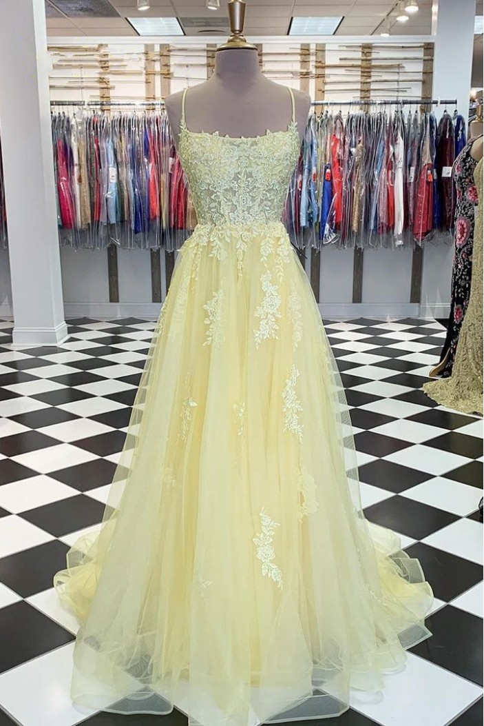 A-Line Tulle and Lace Long Prom Dresses Formal Evening Gowns 601978