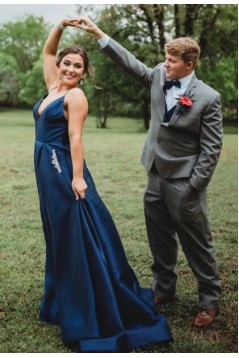 A-Line V-Neck Long Prom Dresses Formal Evening Gowns 601989