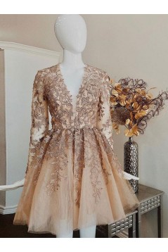 Short Prom Dress Long Sleeves Lace Homecoming Graduation Cocktail Dresses 701255