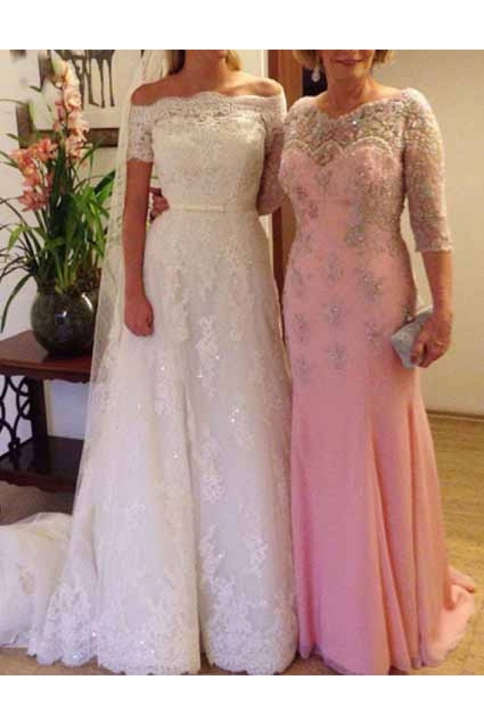 Long Pink Beaded Lace Mermaid Mother of the Bride Dresses 702009