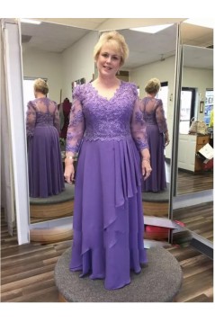 Elegant Long Purple Chiffon and Lace Mother of the Bride Dresses with Sleeves 702095