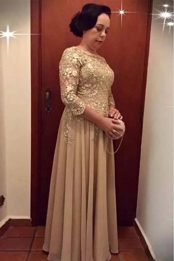 Elegant Long Chiffon and Lace Mother of the Bride Dresses with Sleeves 702096
