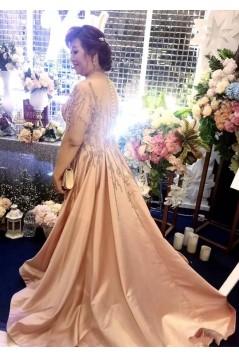 A-Line Beaded Long Mother of the Bride Dresses with Sleeves 702098