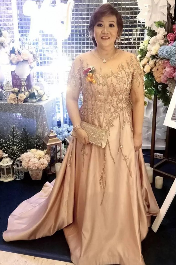 A-Line Beaded Long Mother of the Bride Dresses with Sleeves 702098