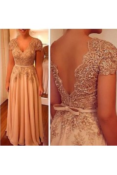 Elegant A-Line Beaded V Neck Lace and Chiffon Mother of the Bride Dresses with Sleeves 702100