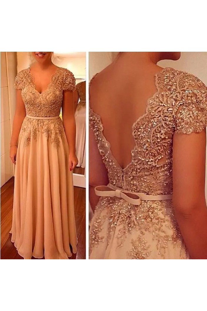 Elegant A-Line Beaded V Neck Lace and Chiffon Mother of the Bride Dresses with Sleeves 702100
