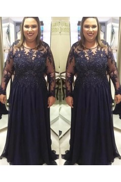 Long Navy Blue Beaded Chiffon and Lace Mother of the Bride Dresses with Sleeves 702104