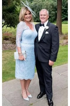 Short Blue Lace Mother of the Bride Dresses with Sleeves 702108