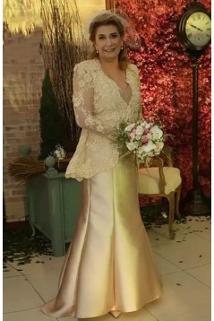 Mermaid Long Sleeves Lace and Satin Mother of the Bride Dresses with Sleeves 702110