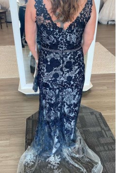 Long Navy Blue V Neck Lace Mother of the Bride Dresses 702113