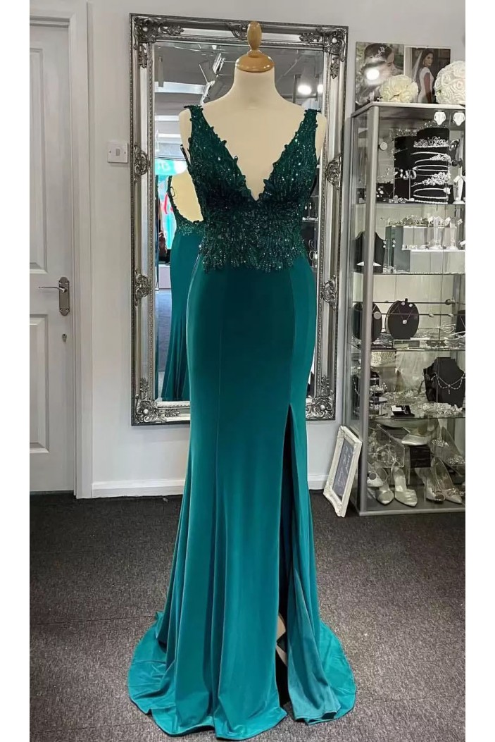 Long V Neck Beaded Lace Mother of the Bride Dresses 702120