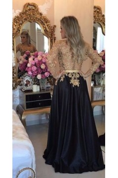 A-Line Long Black Mother of the Bride Dresses with Gold Lace 702157