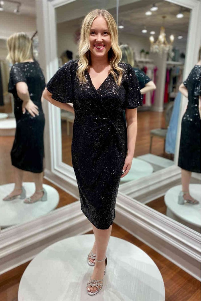 Short Black V Neck Sparkle Mother of the Bride Dresses 702175