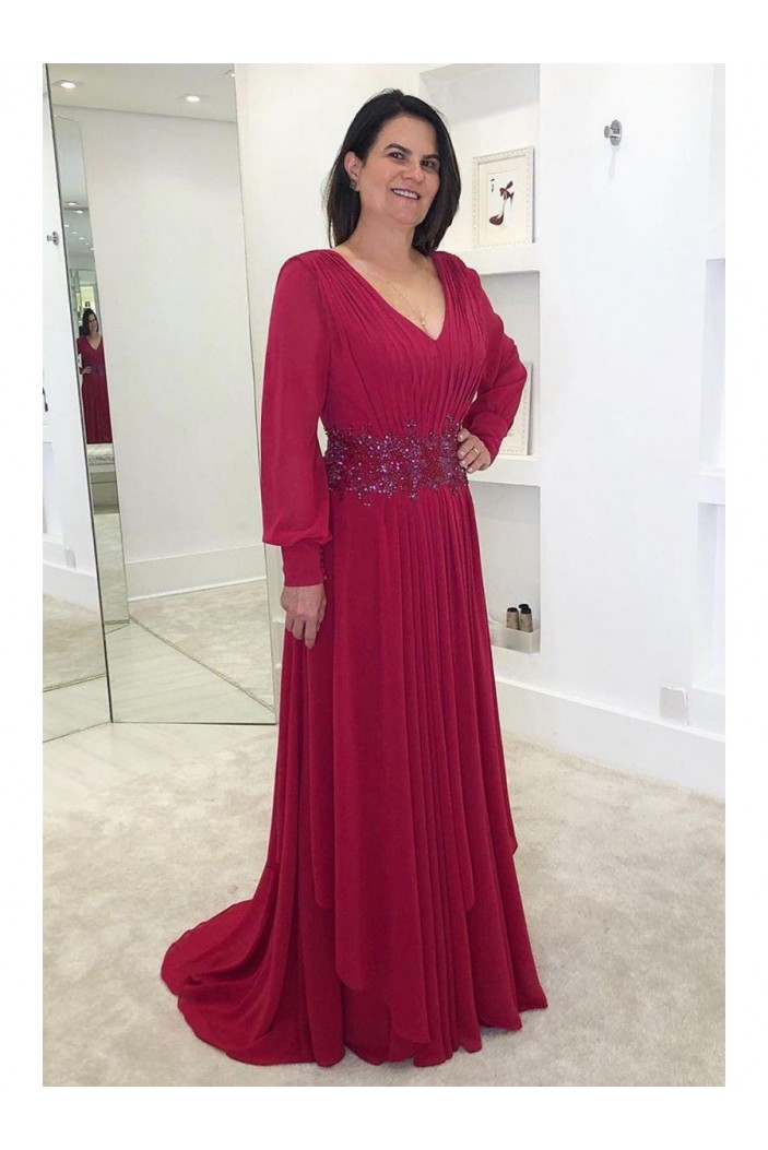 Long Sleeves V-Neck Beaded Lace Appliques Mother of the Bride Dresses 702206