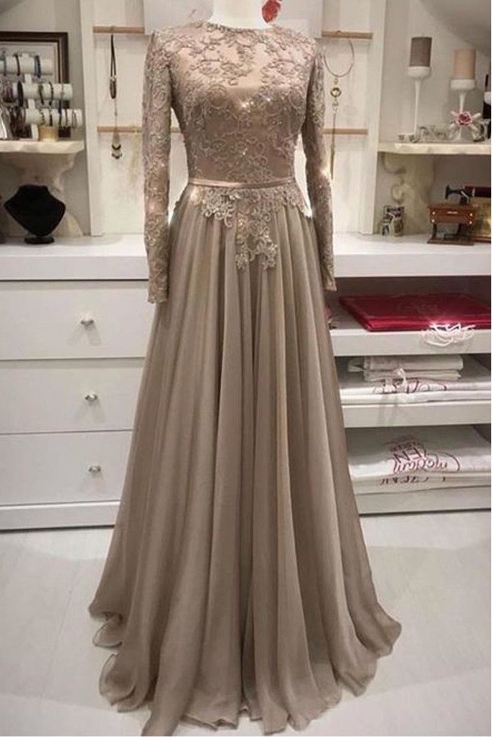 A-Line Chiffon and Lace Mother of the Bride Dresses with Long Sleeves 702215