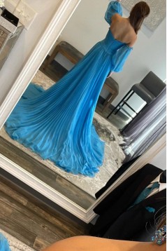 A-Line Chiffon Pleated Long Prom Dresses with Sleeves 801004