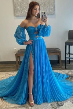 A-Line Chiffon Pleated Long Prom Dresses with Sleeves 801004